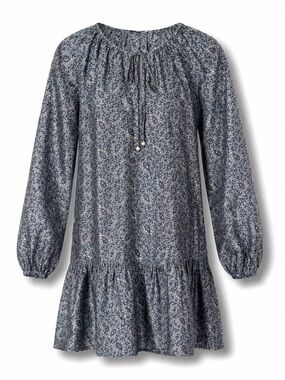 H&M Blue Floral Peasant Dress Tie Neck Long Sleeve Boho Mini